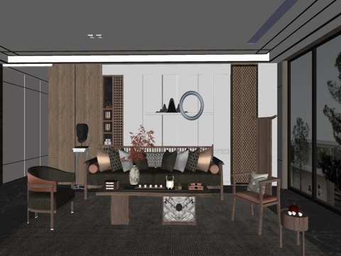 新中式风格 家居客厅 大平层客厅 组合沙发su模型