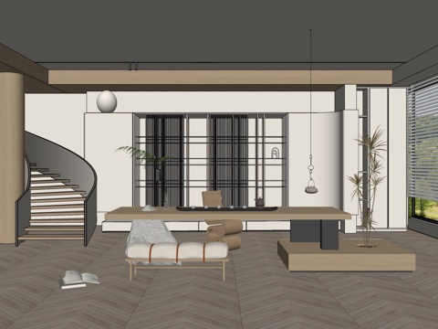 现代风格 家居茶室 大平层书房 书柜书桌组合 茶桌椅组合 博su模型