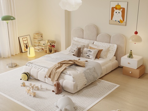 现代奶油风儿童床 床头柜 吊灯su模型