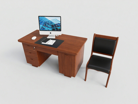 现代办公桌椅套组 深木纹主管办公桌椅 iMac工作站su模型