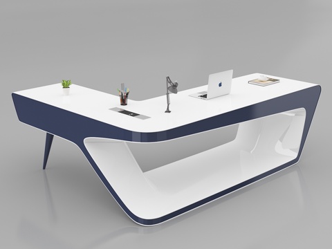  现代办公室 蓝白色烤漆老板桌 主管桌 经理桌灰底图3d模型 