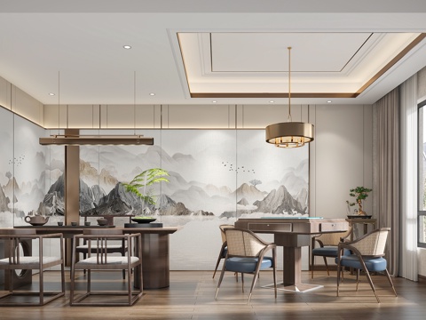  新中式现代茶室会客室茶桌组合3d模型棋牌3d模型 