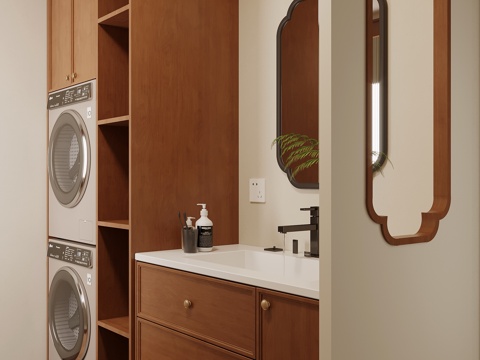 中古风卫生间干区 浴室柜 洗衣机柜su模型