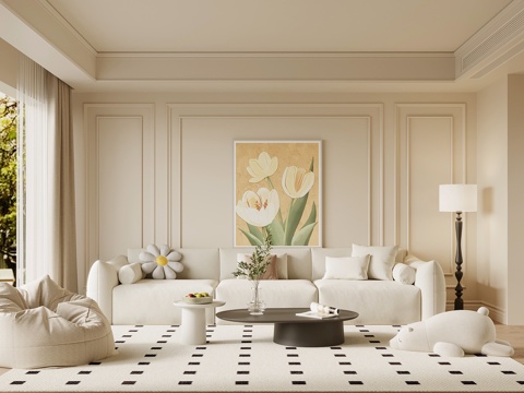 现代奶油风客厅 法式客厅 多人沙发 懒人沙发 摆件su模型