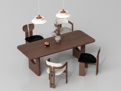 中古风餐桌椅  实木餐桌椅 长方形餐桌 吊灯 摆件su模型