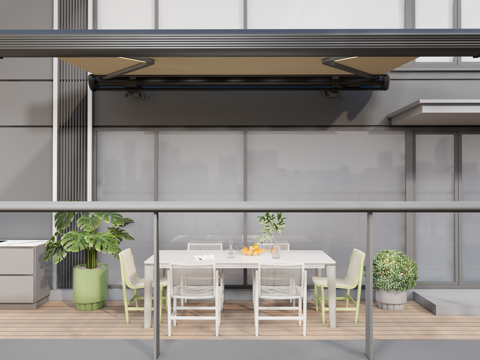 现代户外操作台 洗手池 岩板餐桌椅 一桌六椅 建筑曲臂伸缩遮su模型