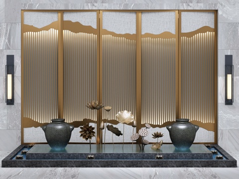  新中式园艺小品荷花水景3d模型 