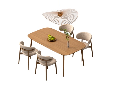 现代餐桌椅组合 原木餐桌椅 吊灯 摆件su模型