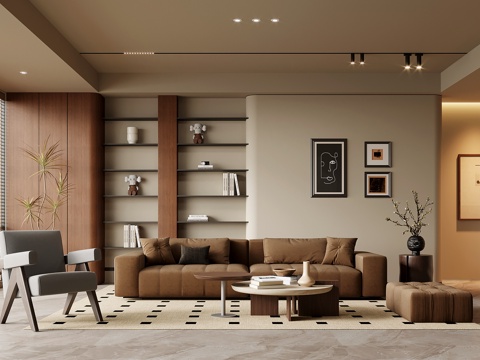 中古风客厅 沙发茶几组合 沙发背景墙su模型