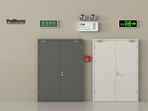 现代消防门 安全出口 防火门 报警器 应急感应灯su模型