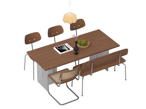 侘寂休闲桌椅组合 餐桌椅 吊灯 摆件su模型