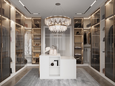  主卧衣帽间 轻奢衣帽间 别墅衣帽间 中岛台衣帽间 衣服服饰3d模型 