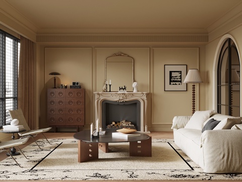 中古风客厅 会客厅 沙发茶几组合 壁炉 斗柜su模型