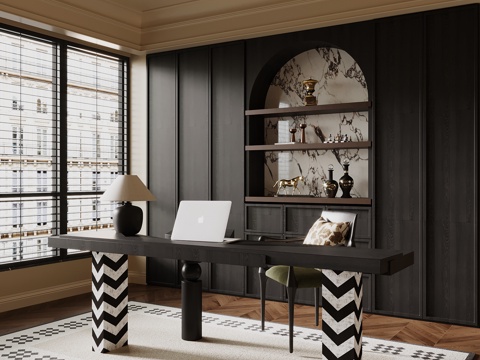 法式书房 书柜 书桌椅su模型