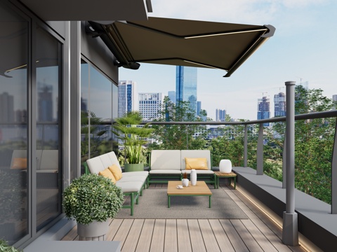 现代户外家具 转角 多人沙发 柚木茶几 侧几 建筑伸缩曲臂遮su模型