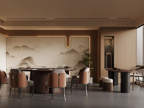 新中式包房 八人餐桌 小茶台su模型