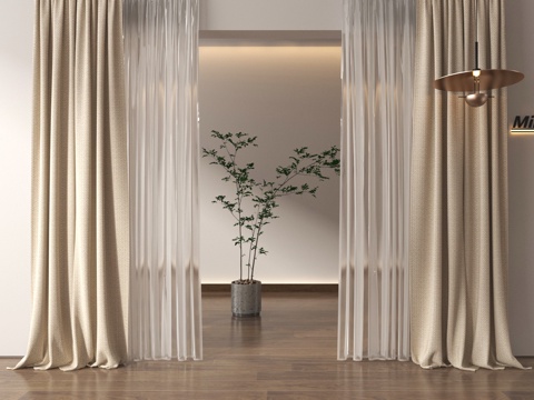 现代窗帘 布艺窗帘 纱帘 褶帘 绿植 吊灯su模型