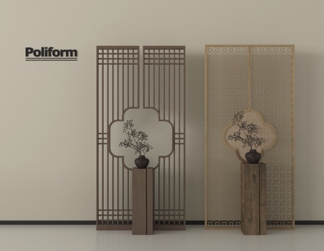 新中式玄关 屏风玄关隔断  花格屏风su模型