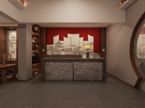  新中式前台新中式服装展示区3d模型 