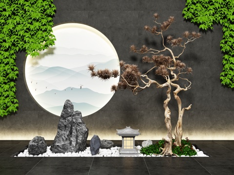  新中式园艺小品假山松树绿植景观3d模型 