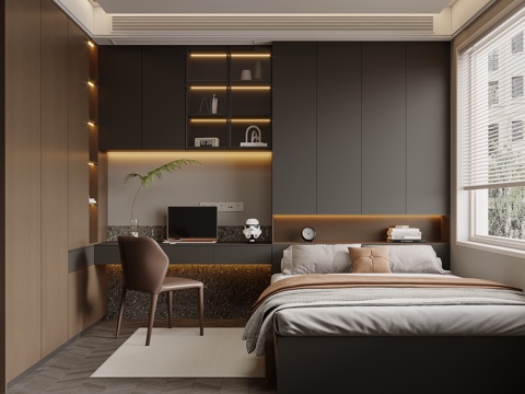 现代意式榻榻米房 卧室 书桌椅 衣柜su模型