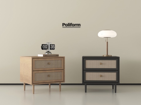 侘寂中古床头柜 方形床头柜 藤编床头柜 木材 台灯 摆件su模型