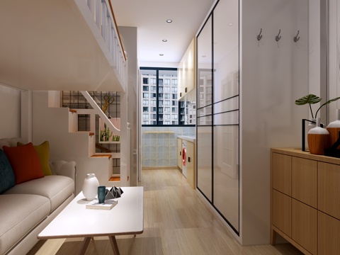  现代小公寓 沙发 床 衣柜 橱柜 墙饰3d模型 