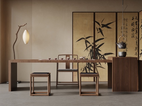 新中式茶桌椅 落地灯 屏风su模型