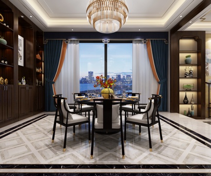  新中式挑空客餐厅3d模型 