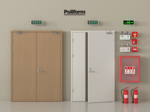 现代消防门 安全出口 防火门 报警器 应急感应灯 消防栓 灭su模型