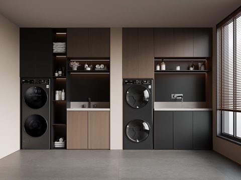  现代意式洗衣房 洗衣机 洗衣机柜su模型 