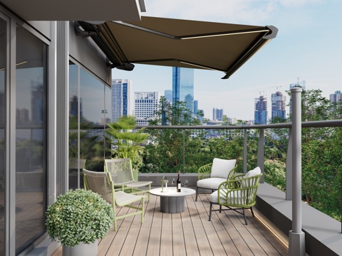 现代户外家具 休闲椅 一桌四椅 建筑曲臂伸缩遮阳篷su模型