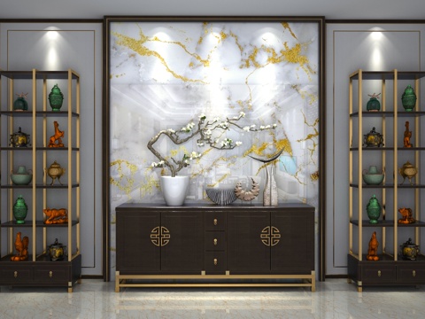  新中式客厅电视柜 玄关柜 端景台 新中式摆件 酒柜 展示3d模型 