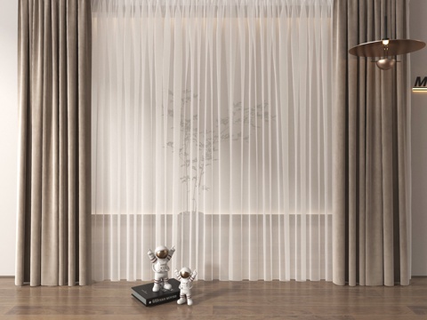 现代窗帘 布艺窗帘 纱帘 褶帘 吊灯su模型