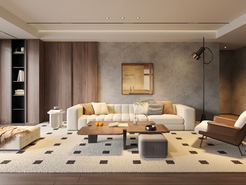 奶油侘寂风客厅 沙发茶几组合 绿植 饰品摆件 台灯  背景墙su模型