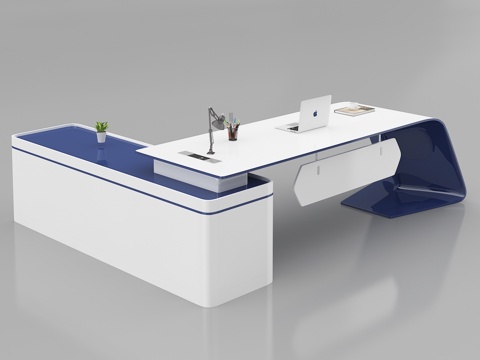  现代办公室 蓝白色烤漆老板桌 主管桌 经理桌灰底图3d模型 