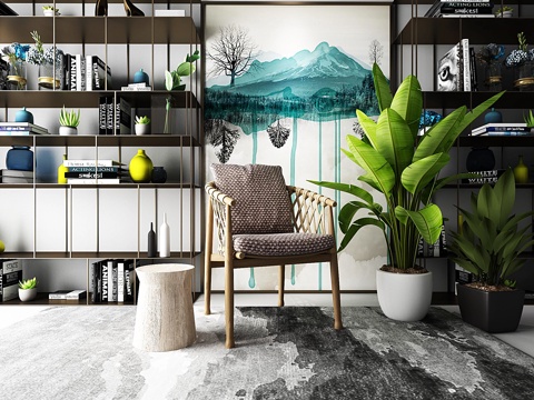  北欧书架书籍单椅圆几盆栽摆件挂画3d模型 