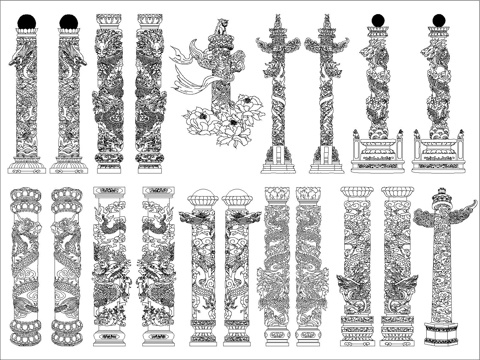 中式古建 龙柱.华表柱cad施工图