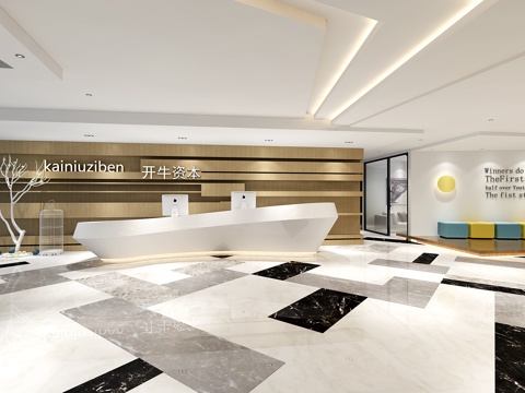  现代前台大厅 现代前台接待前台电脑 饰品摆件3D模型下载3d模型 