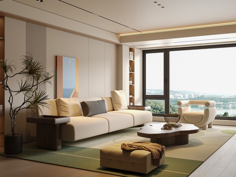 奶油侘寂风客厅 沙发茶几组合 绿植 饰品摆件 台灯  背景墙su模型