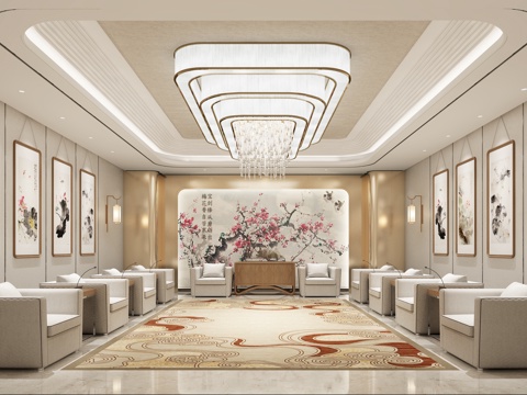  新中式接待室 沙发 挂画 水晶灯 背景墙 壁灯 边柜 地毯3d模型 