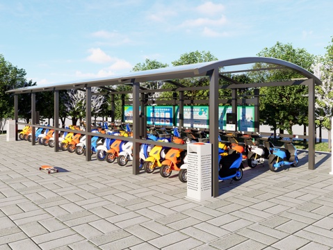 电动车充电棚 电动车停车棚 非机动车停车棚 玻璃顶棚su模型