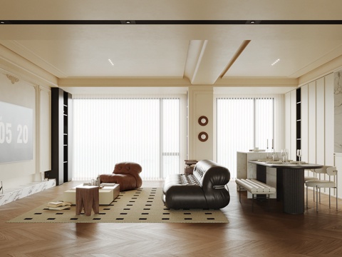 法式客厅 餐厅 背景墙 酒柜 沙发茶几组合su模型