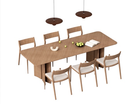 中古风餐桌椅  实木餐桌椅 长方形餐桌 吊灯 摆件su模型