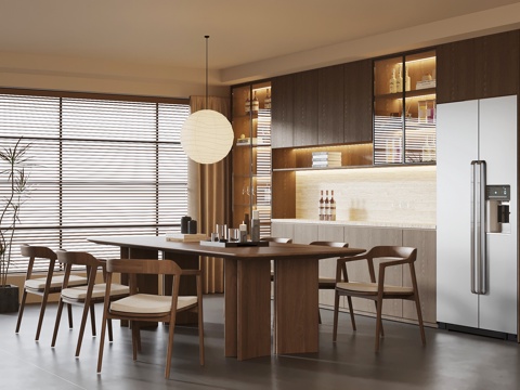  新中式餐厅 酒柜 餐边柜 餐桌椅3d模型 