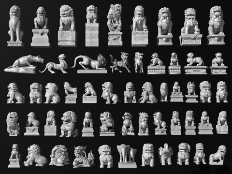 中式石狮子 麒麟 貔貅 神兽石像 石雕门墩 神兽雕塑小品su模型