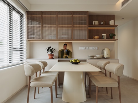  简约奶油中古风格餐厅3d模型 