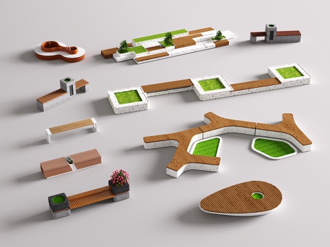  现代休闲长凳 庭院卡座 景观座椅 公共长凳 生态座椅3d模型 