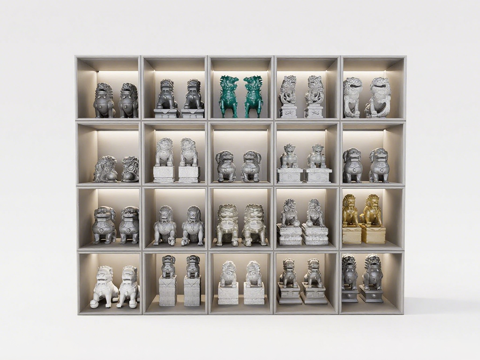 中式石狮子 狮子雕塑 石狮阵列艺术展架 神兽su模型