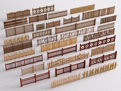 现代景观围栏 中式栏杆 木护栏 篱笆栅栏su模型